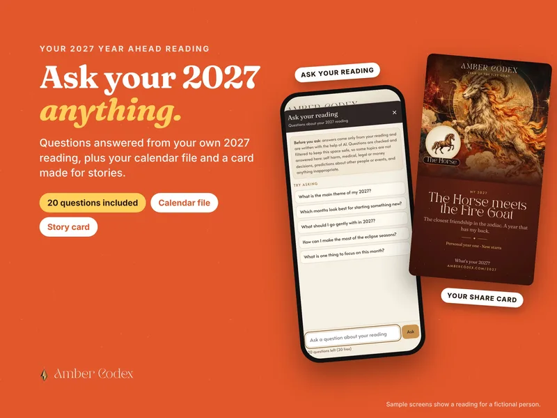 A sample Ask your reading chat on a phone, beside a 2027 share card