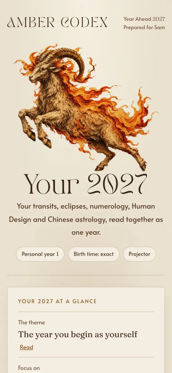 The opening page of a 2027 Year Ahead reading on a phone