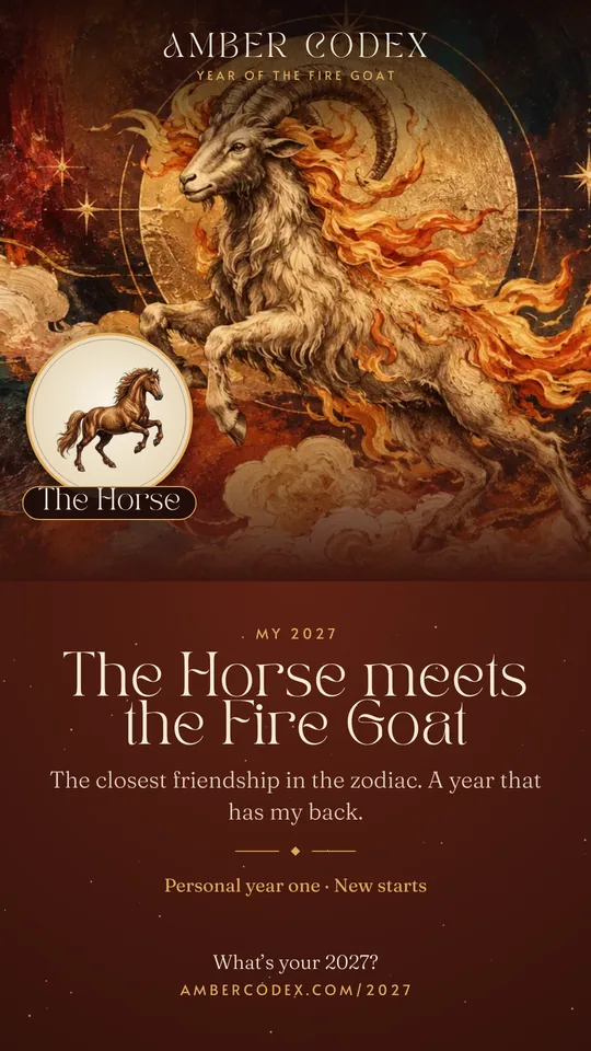 A sample 2027 share card: the painted Fire Goat facing the reader's Chinese sign, with a line about their year