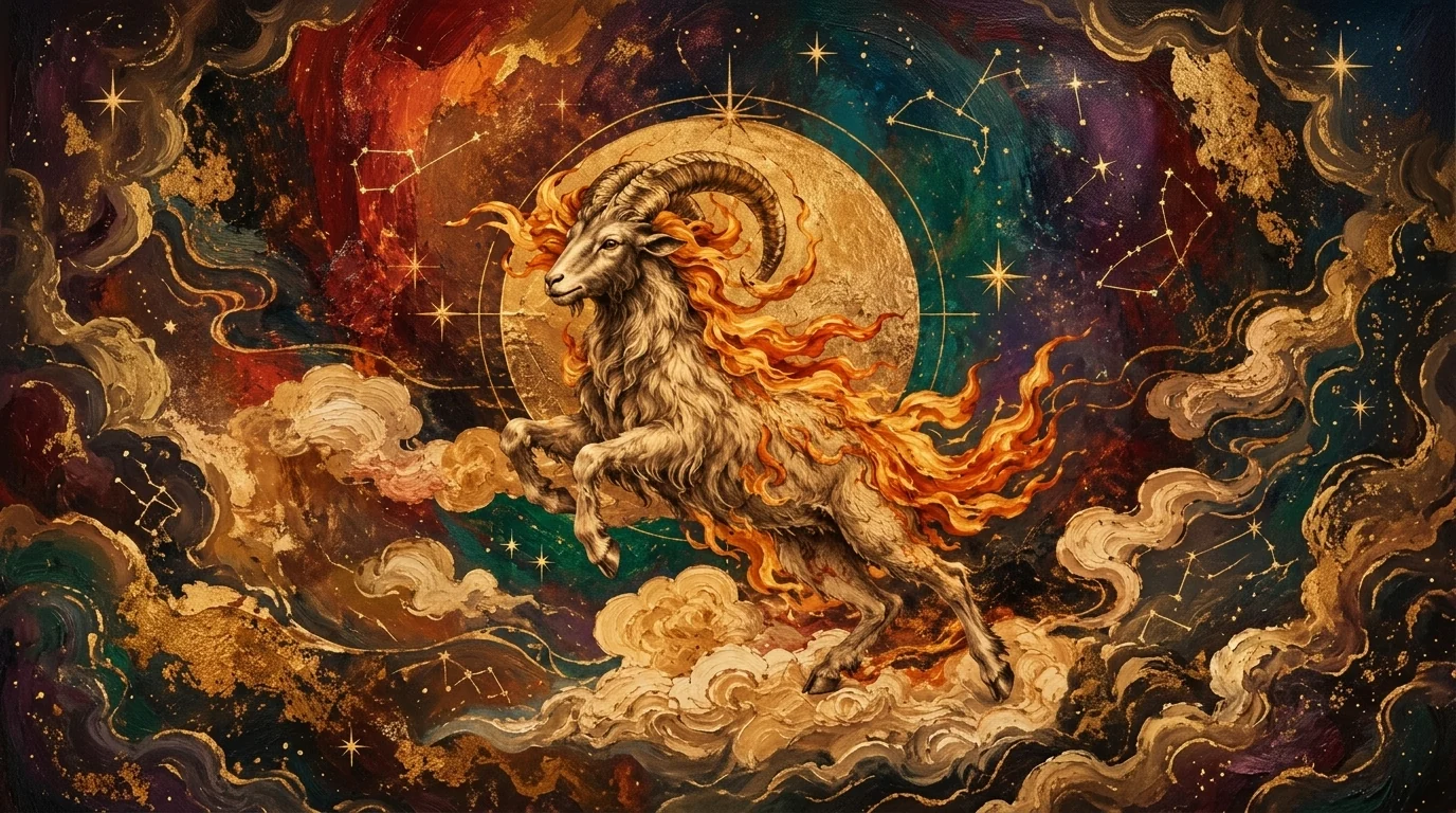 A fire goat leaping across a gold moon among the constellations, for the Chinese Year of the Fire Goat