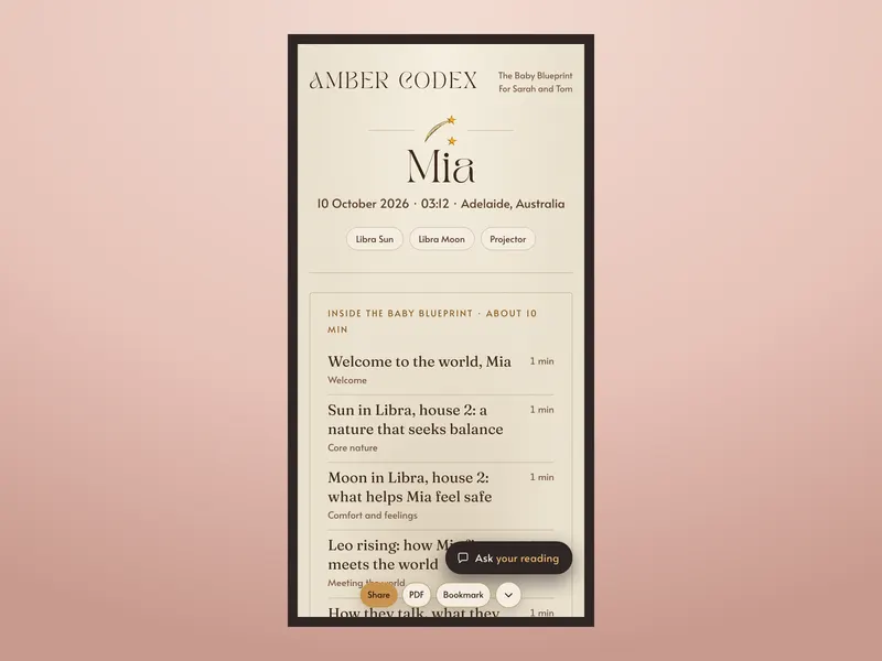 A sample Baby Blueprint reading on a phone (fictional sample)