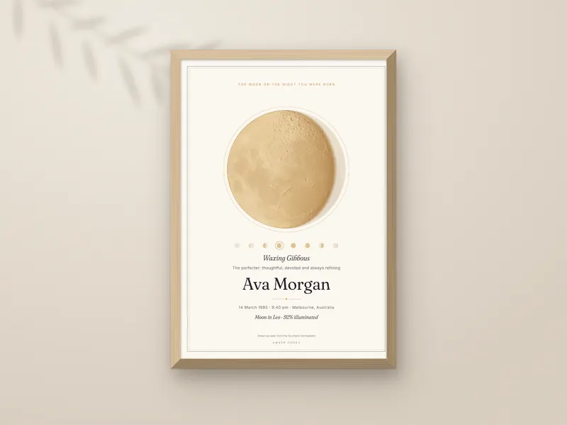 Framed in natural wood, warm cream print