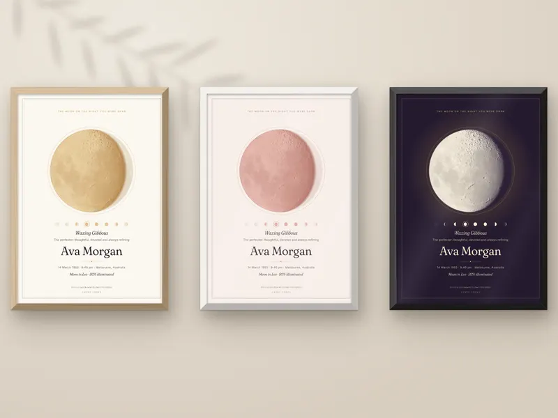The moon print framed in natural wood, white and black