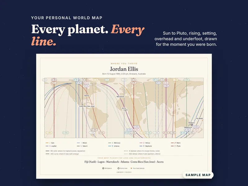 Every planet line on a world map