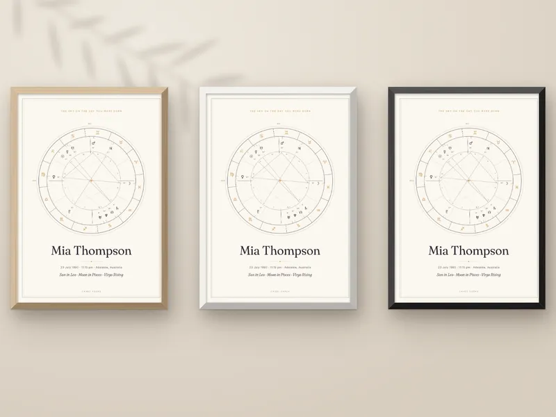 The print framed in natural wood, white and black