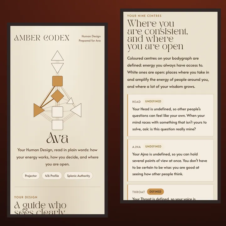 A sample Human Design reading on a phone (fictional sample)